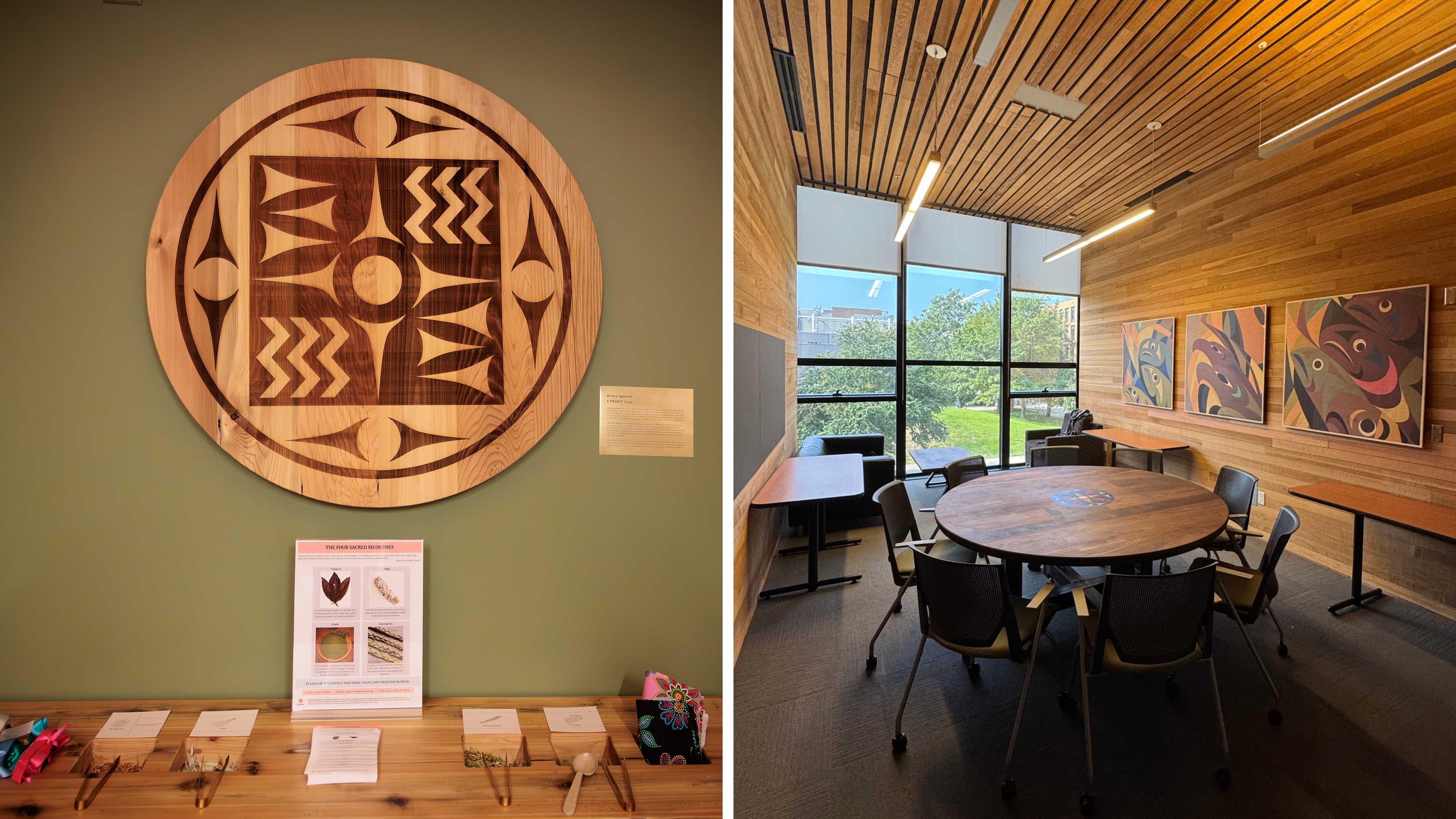 On the left: artwork on the wall of the Indigenous Student Space; on the right: the Indigenous Student Space, facing the window.