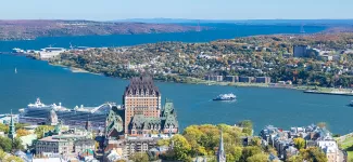 A bird's-eye shot of the Fairmont Le Chateau Frontenac hotel in Quebec City, on a sunny day.