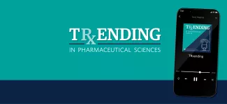 The text "TRxending in Pharmaceutical Sciences" to the left of a phone playing a podcast.