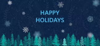 The text "Happy Holidays" overlaid on a festive background of dark blue.