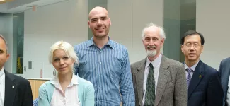 Dr. Sarvajna Dwivedi; Natalie McCormick; José Carlos De La Vega; Dr. Alan G. Mitchell; Dr. Thomas Chang, associate dean research and graduate studies pro tem, UBC Faculty of Pharmaceutical Sciences; Dr. Michael Coughtrie, professor and dean, UBC Faculty of Pharmaceutical Sciences