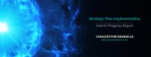 The text "Catalyst for Change 2.0 Interim Progress Report", with an abstract burst of blue in the background.