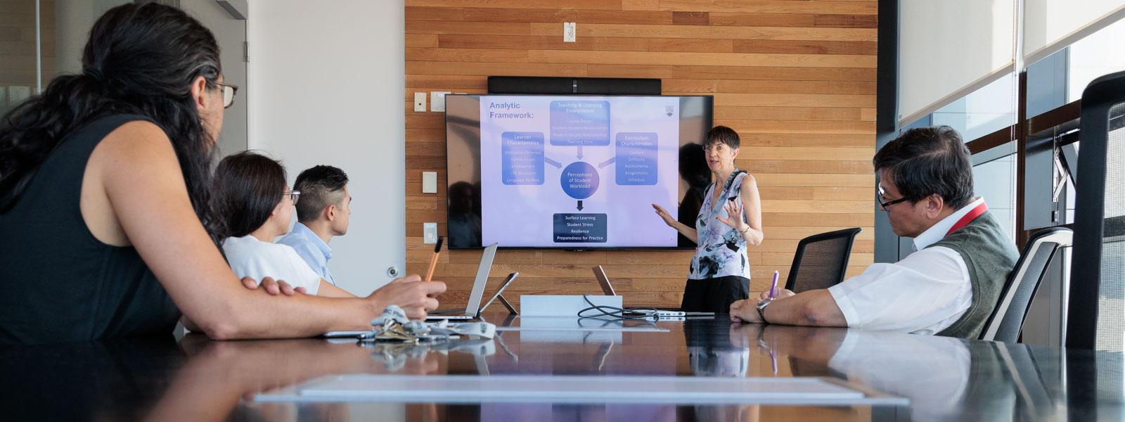 Four people sitting at a large table in a well-lit meeting room, concentrating on the speaker at the far end who is presenting via a TV screen.