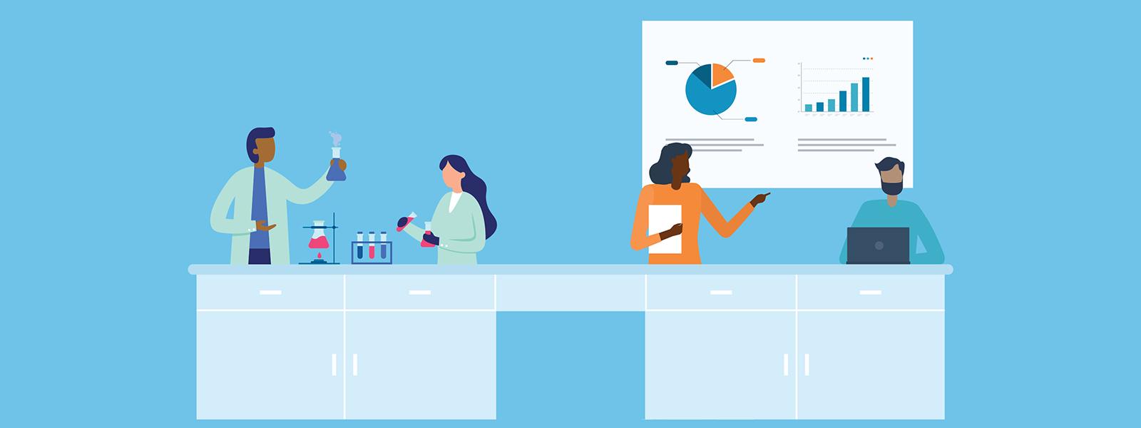 Vector cartoon of four people at a large desk, two of whom are working with lab equipment, and two of whom are presenting a chart.