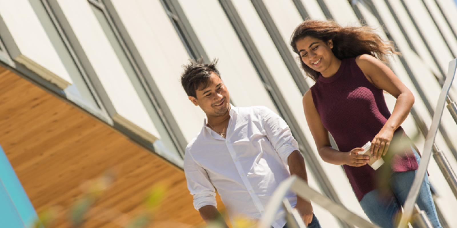 Two students conversing and walking down a set of exterior steps.