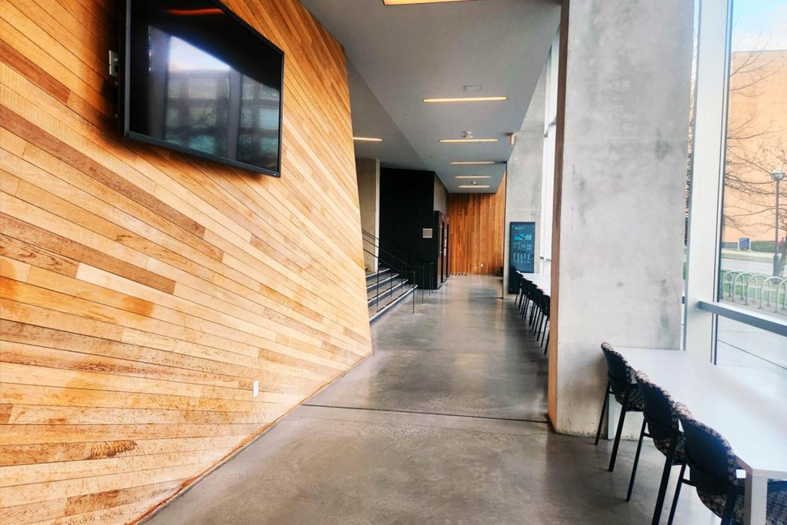 A photo inside the entrance on the ground floor of the UBC Pharmaceutical Sciences Building.