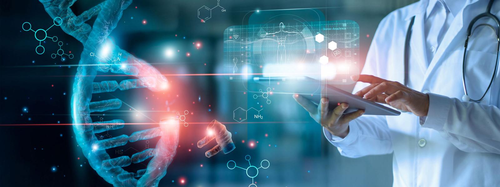A close-up of a person in a lab coat holding a tablet, overlaid with various abstract scientific imagery such as a double helix.
