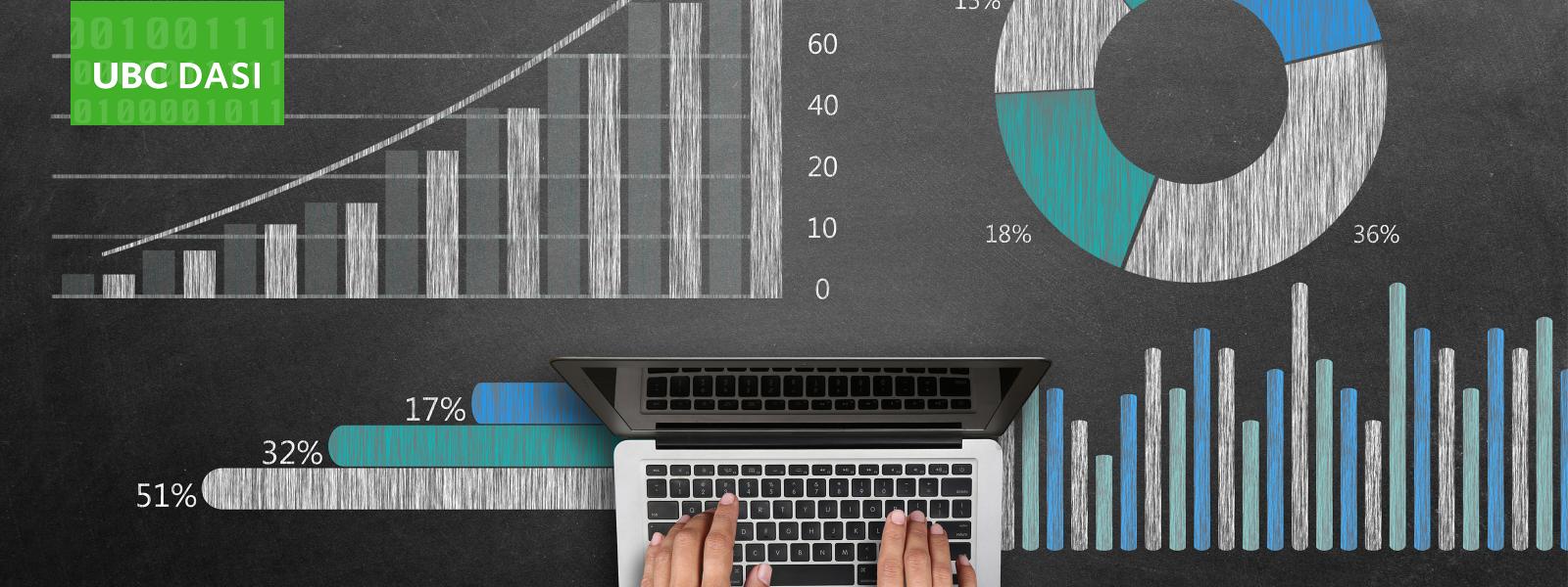 A close-up of two hands at a laptop keyboard, surrounded by chalk illustrations of infographics.